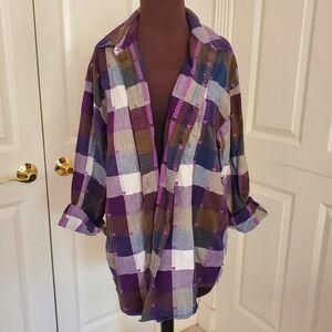 Krazy Kat Woman Purple Plaid Heart Embroidered Cotton Button Down Shirt 18/20